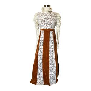 Couriers California VTG Peasant Dress High Neck Long Sleeve Lace Velvet Boho 8